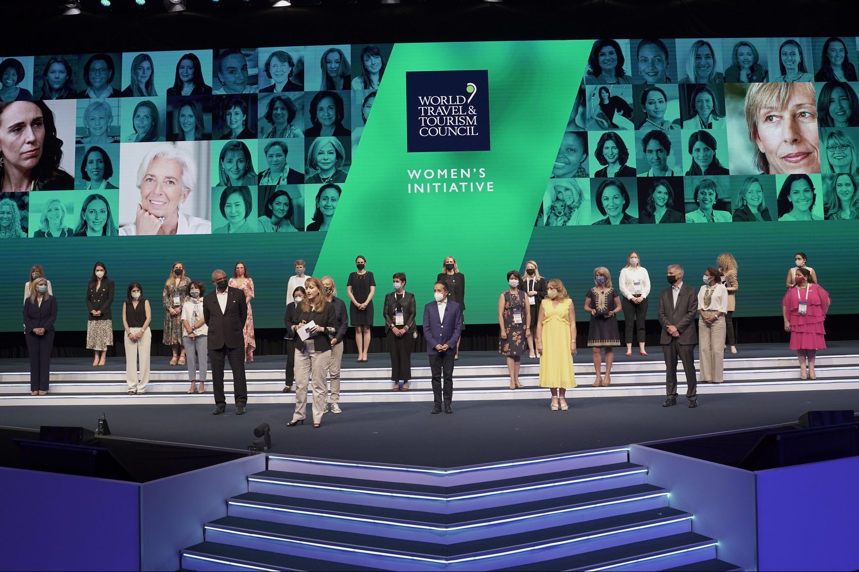 Leaders on stage at the World Travel & Tourism Council Global Summit in April 2021. Outgoing CEO Gloria Guevara stands at the front of the group. Julia Simpson was named the new CEO on May 12. 