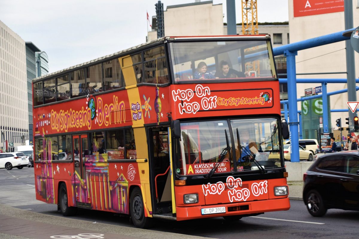 A tourist bus in central Berlin, Germany. The federal government has imposed a quarantine on travelers from the UK because the spread of coronavirus variants. 