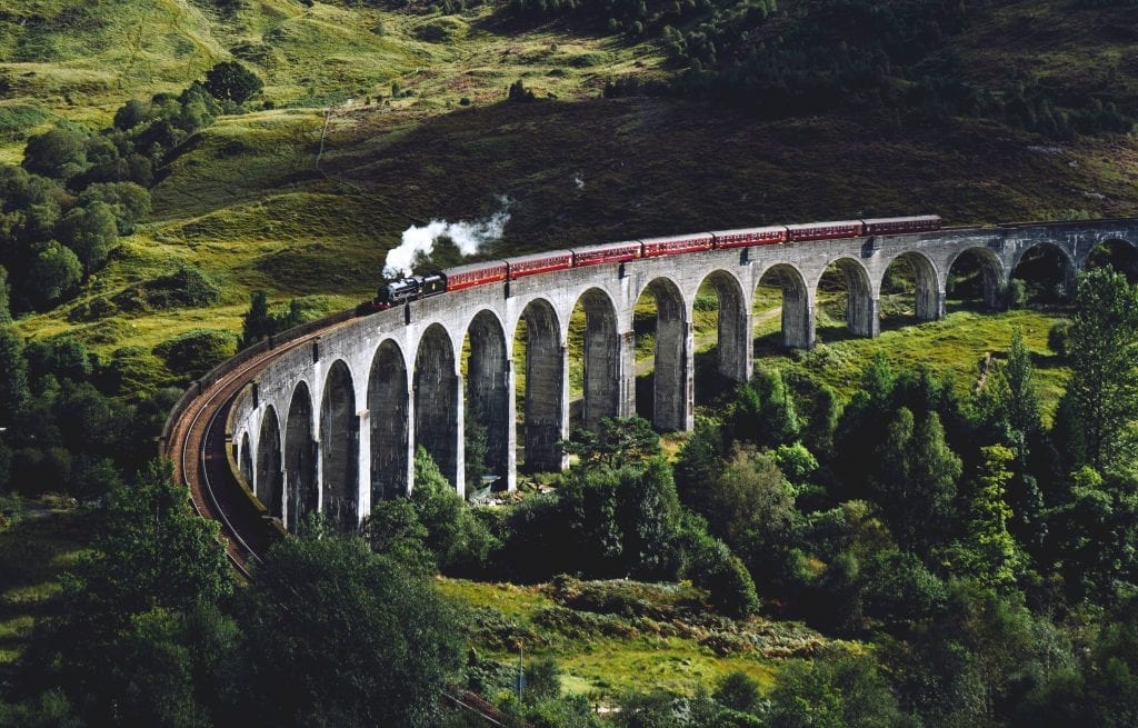 The Jacobite steam train runs between Fort William and Mallaig in the Scottish highlands, and has appeared in several Harry Potter films.