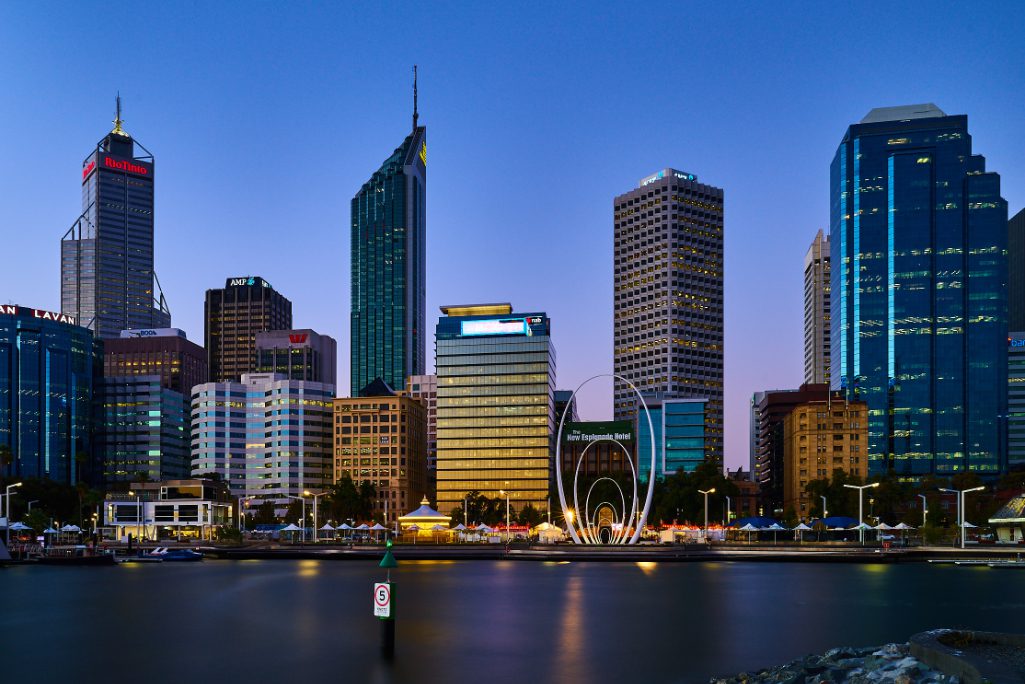 Waterfront skyline of Perth, Australia.