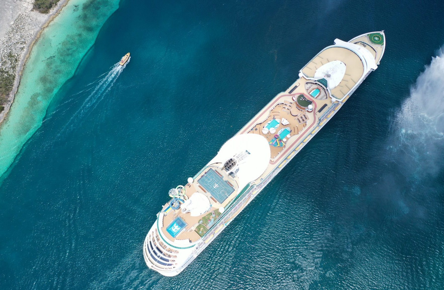 An aerial view of Adventure of the Seas. 