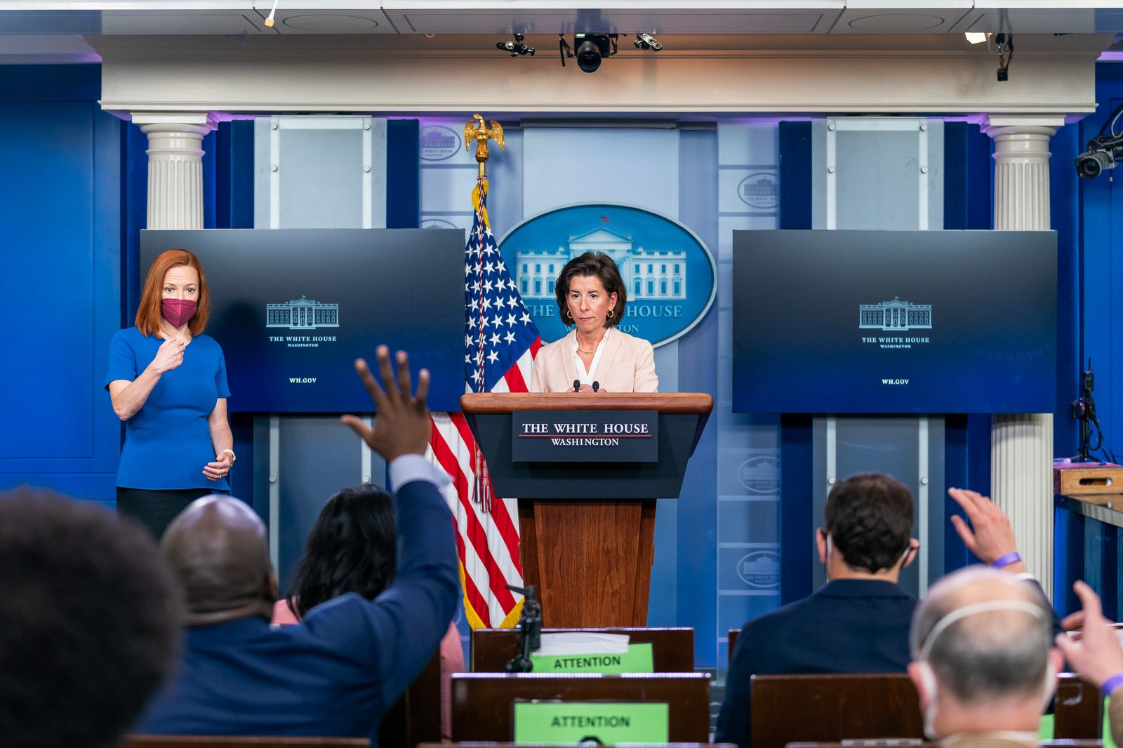 Secretary of Commerce Gina Raimondo addresses reporters Wednesday April 7, 2021, in the James S. Brady Press Briefing Room of the White House. The U.S. still isn't divulging any clear timelines to the hotel industry on when to expect international travel to reopen.