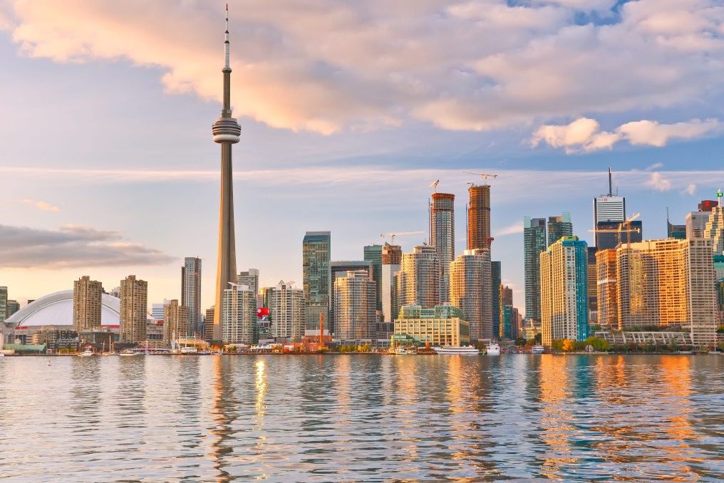 Reflection Toronto skyline at dusk in Ontario Canada