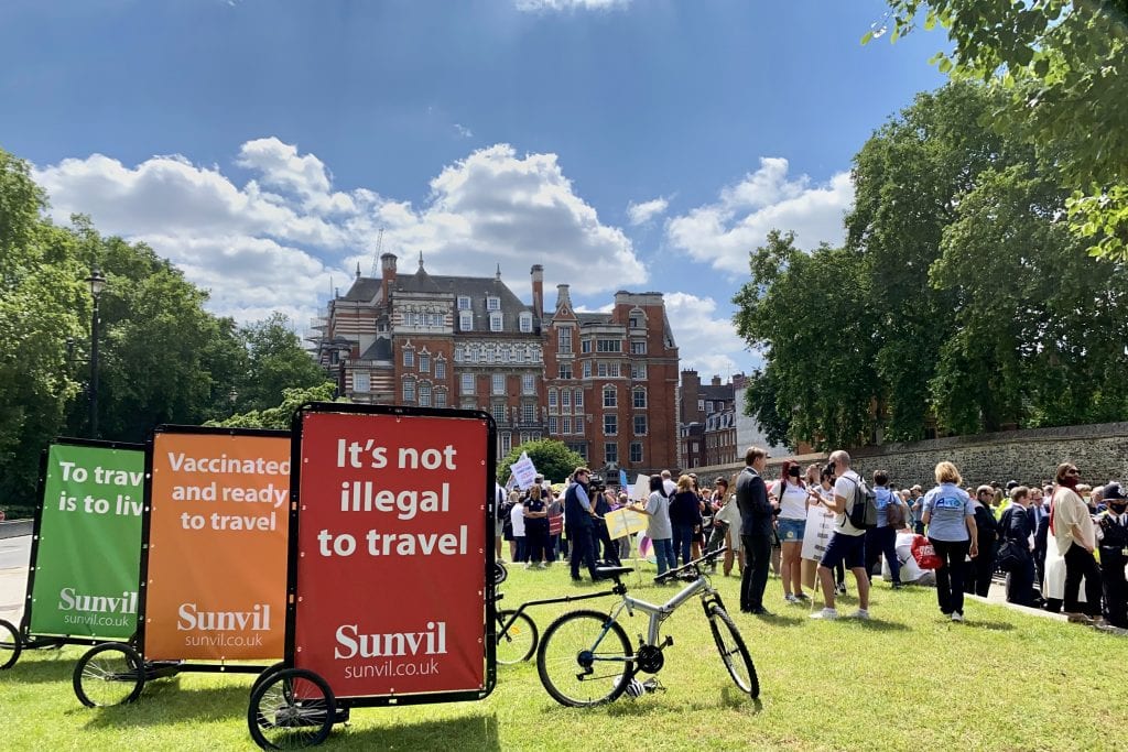 The travel industry gathered at Westminster in London to protest on June 23.