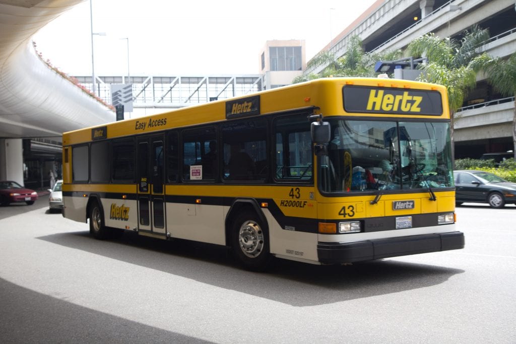 A Hertz car rental shuttle on July 10, 2010 in Los Angeles. The company is emerging from bankruptcy protection. 