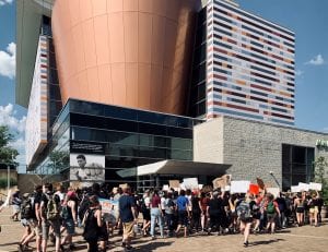 Students Marching in front of the Muhammad Ali Center