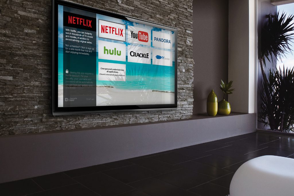 Example of an in-room entertainment display run by Enseo, a hotel tech company based in Plano, Texas, that was acquired in June 2021 by private equity firm H.I.G.