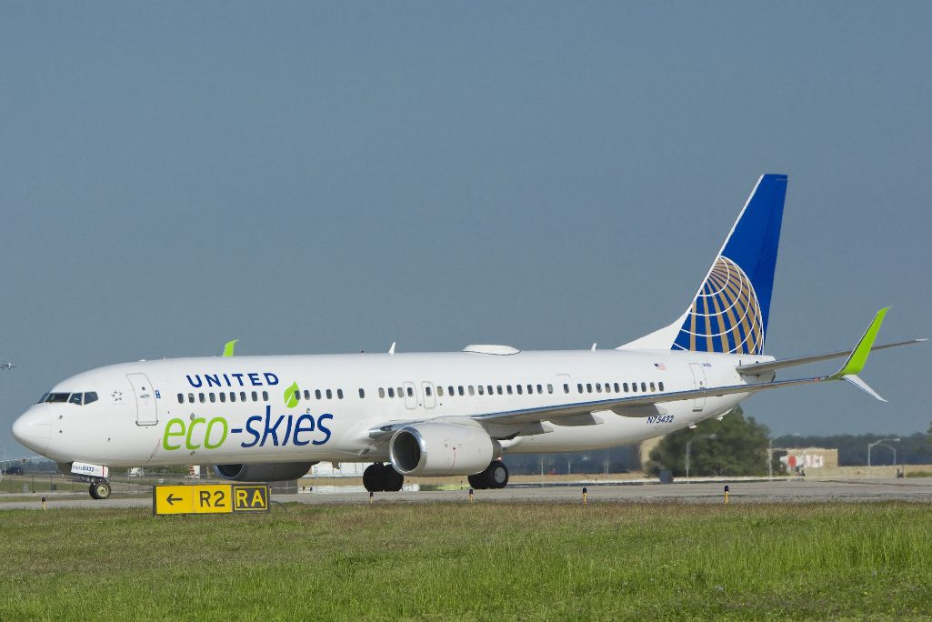 A United EcoSkies plane on a runway, with sustainable fuel sources from the startup Fulcrum Bioengineering, one of the airline's investments.