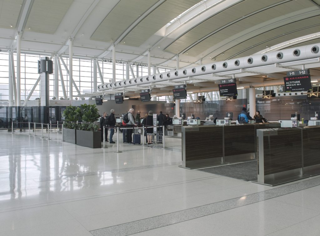 Air Canada check-in counters at Toronto's international airport. 