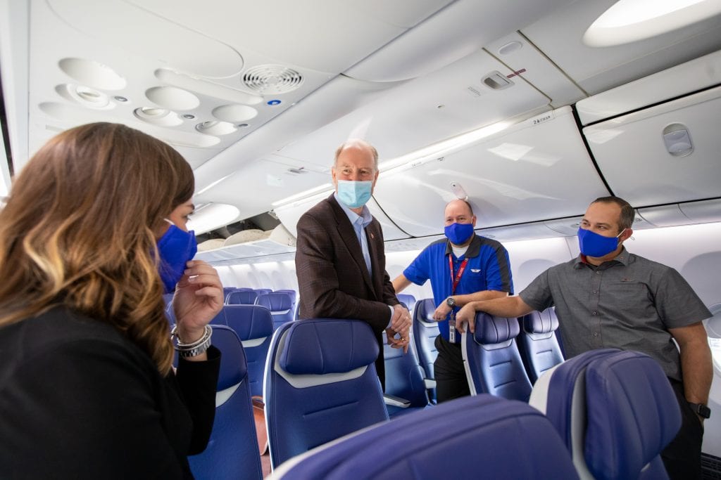 Southwest CEO Gary Kelly hobknobbing on a recent flight.