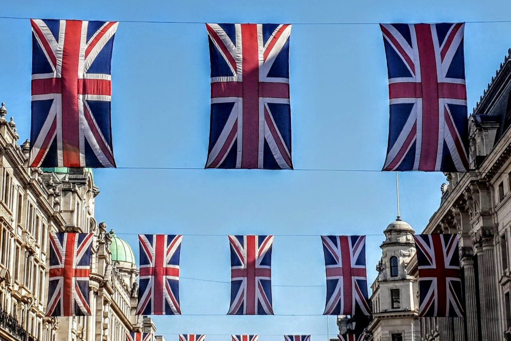 Regent Street in London (pictured) adorned in flags. 