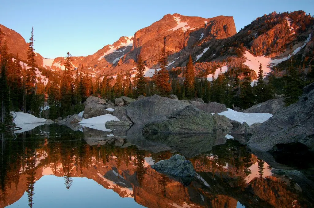 View of mountains and lake at Rocky Mountain National Park Colorado