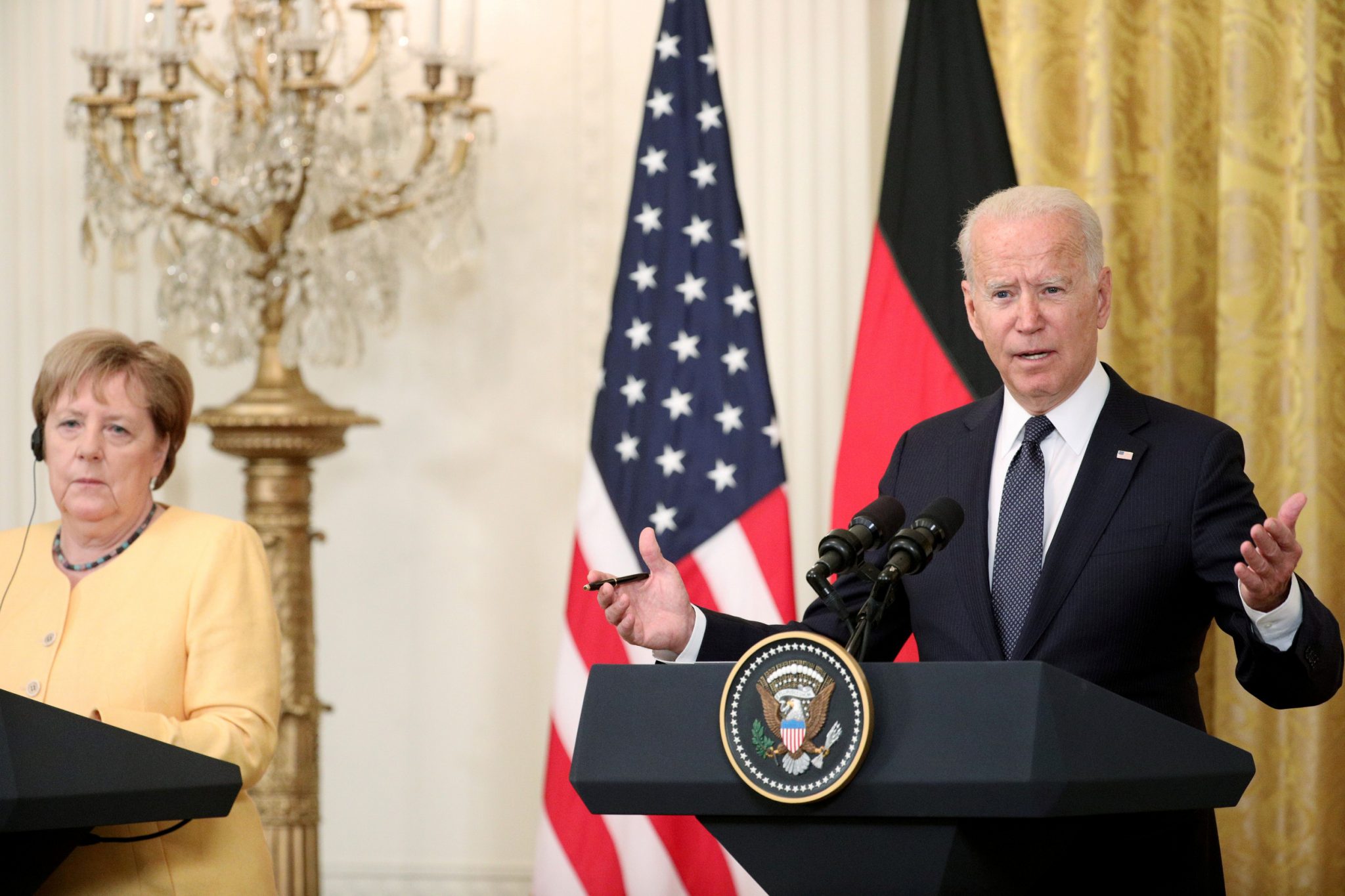 U.S. President Joe Biden and German Chancellor Angela Merkel attended a joint news conference in the East Room at the White House  on July 15, 2021.