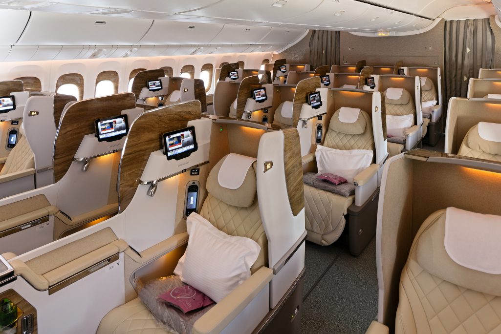 A view of the business class cabin on an Emirates Boeing 777-200LR. Emirates is rolling out a way for travelers to pay for tickets directly from their bank accounts into its account via an IATA system.