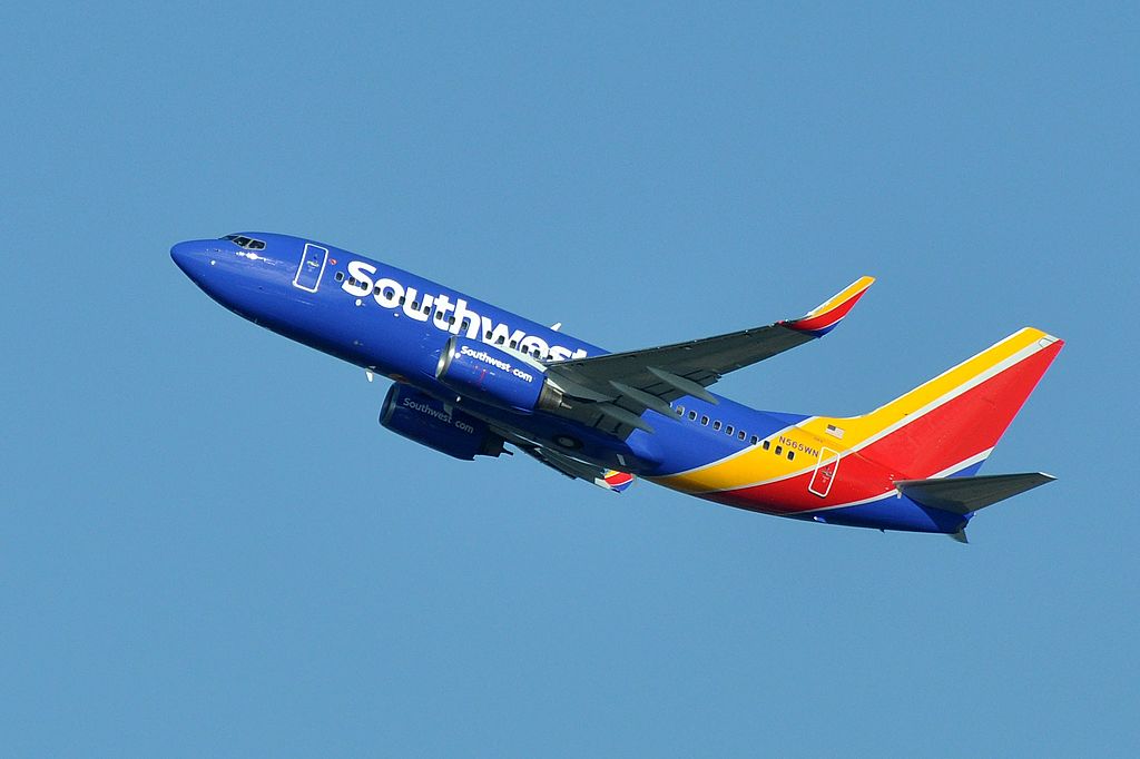 A Southwest Airlines plane not long after takeoff
