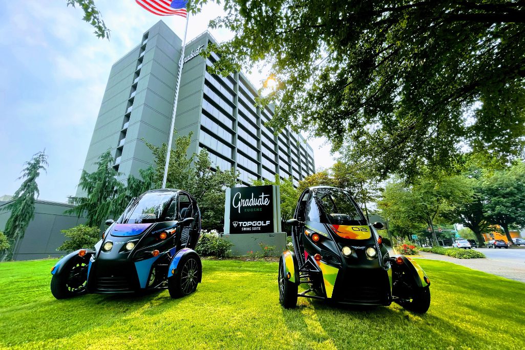 Shown here is an FUV, a fun utility vehicle that's electric and built by Arcimoto and for use at Graduate Hotels' property in Eugene, Oregon.