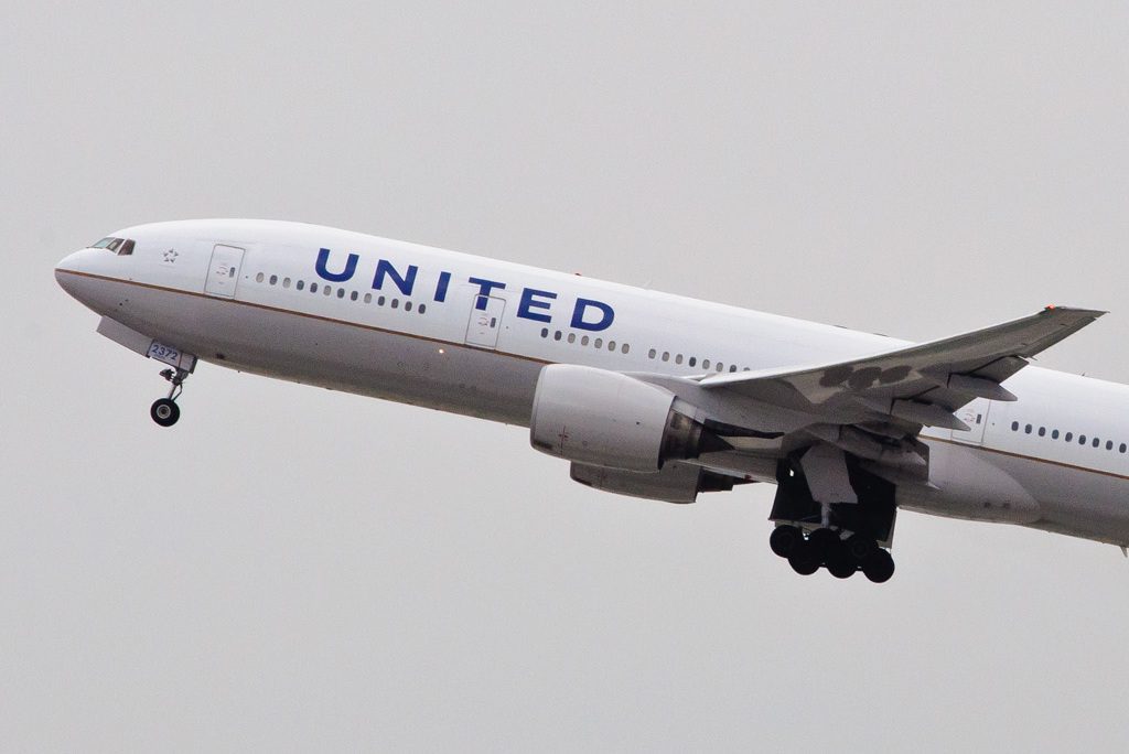 A United Airlines plane after takeoff.