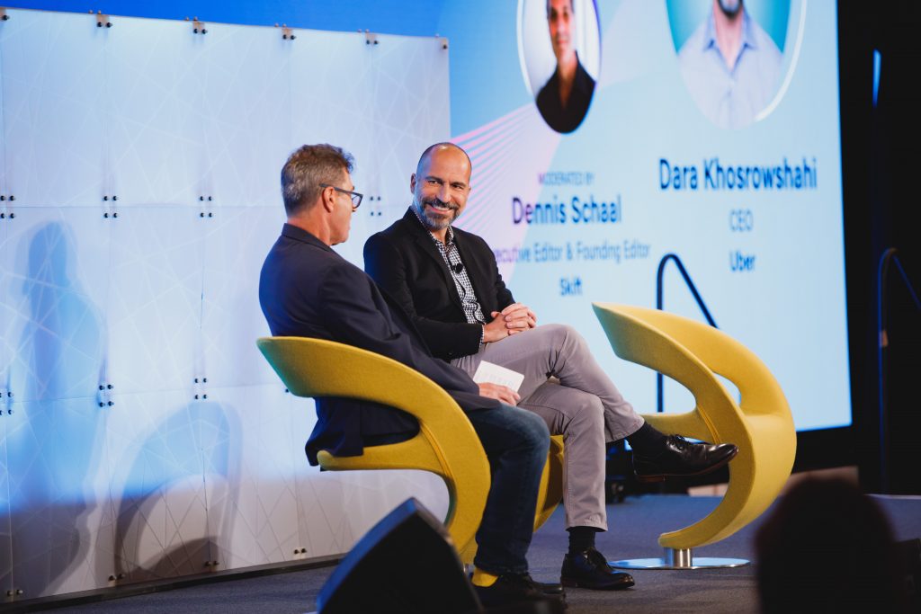 Uber CEO Dara Khosrowshahi speaking with Skift Executive Editor Dennis Schaal at Skift Global Forum in New York City on September 22, 2021. 