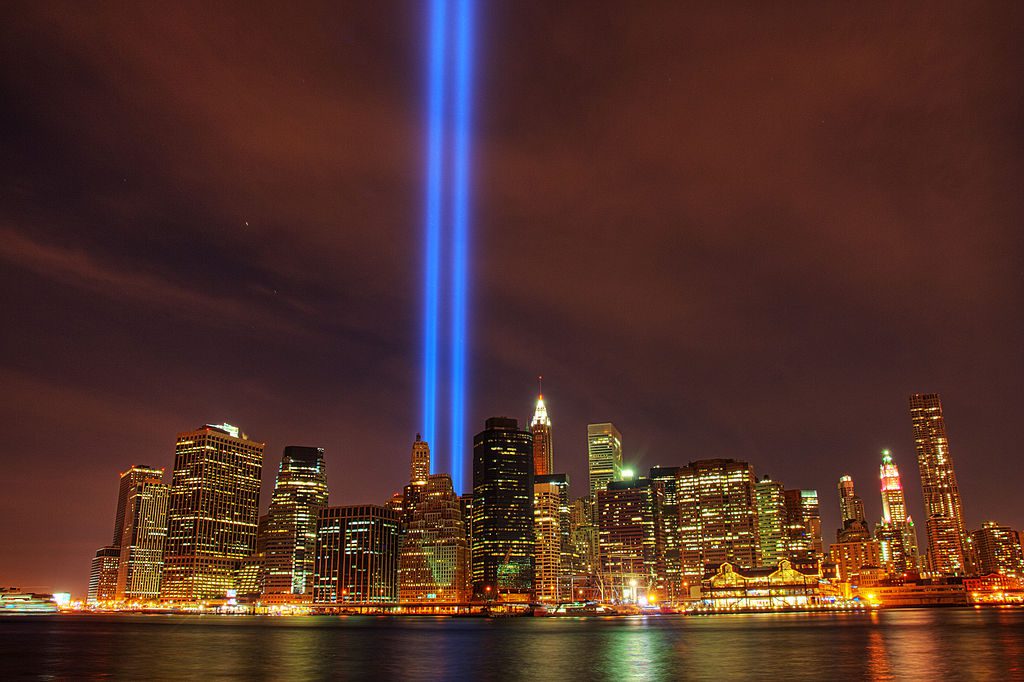 Tribute in light memorial where the World Trade Center once stood on the day aviation changed and thousands passed away. 