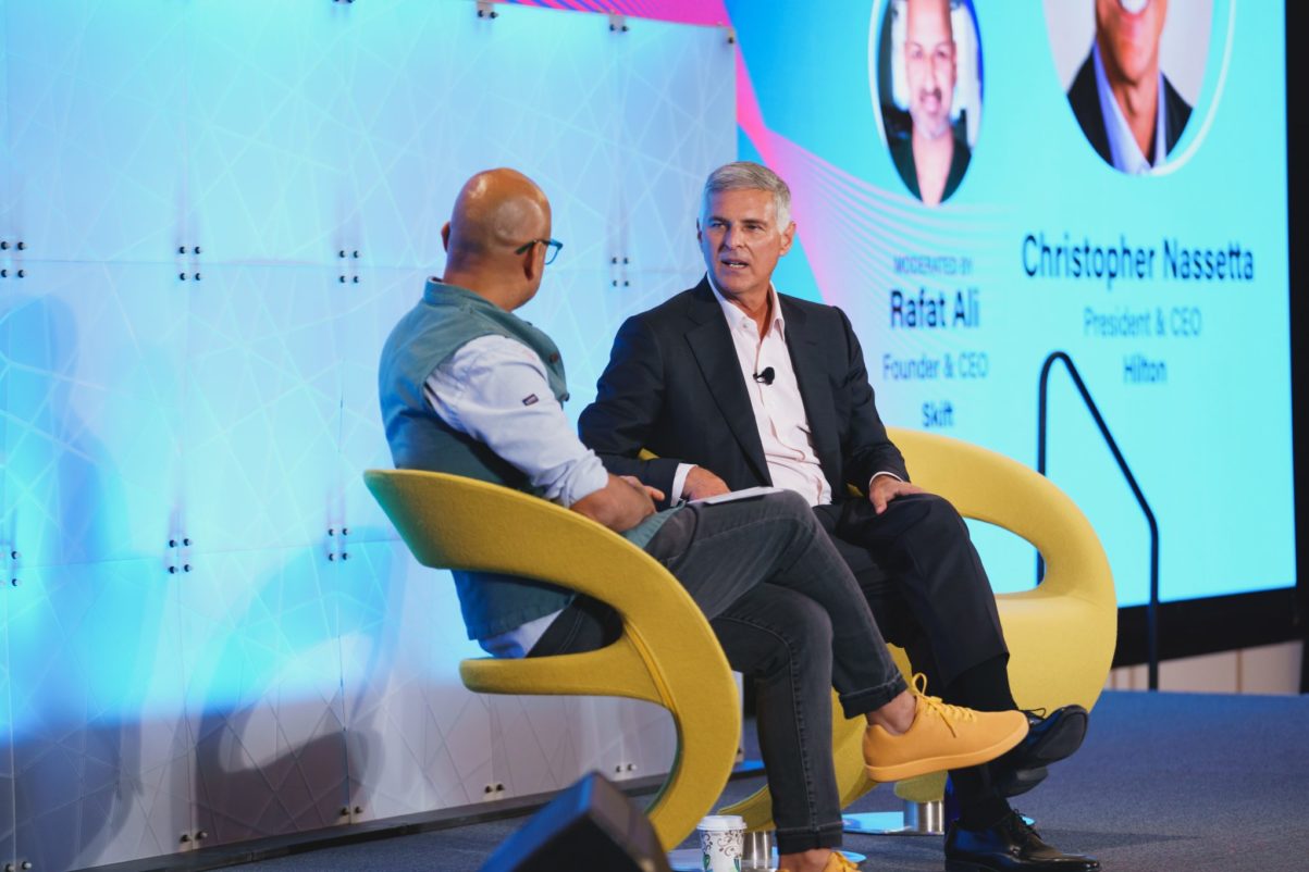 Hilton Hotels CEO Chris Nassetta in discussion with Skift Founder Rafat Ali at Skift Global Forum in New York City on Sept. 22, 2021.