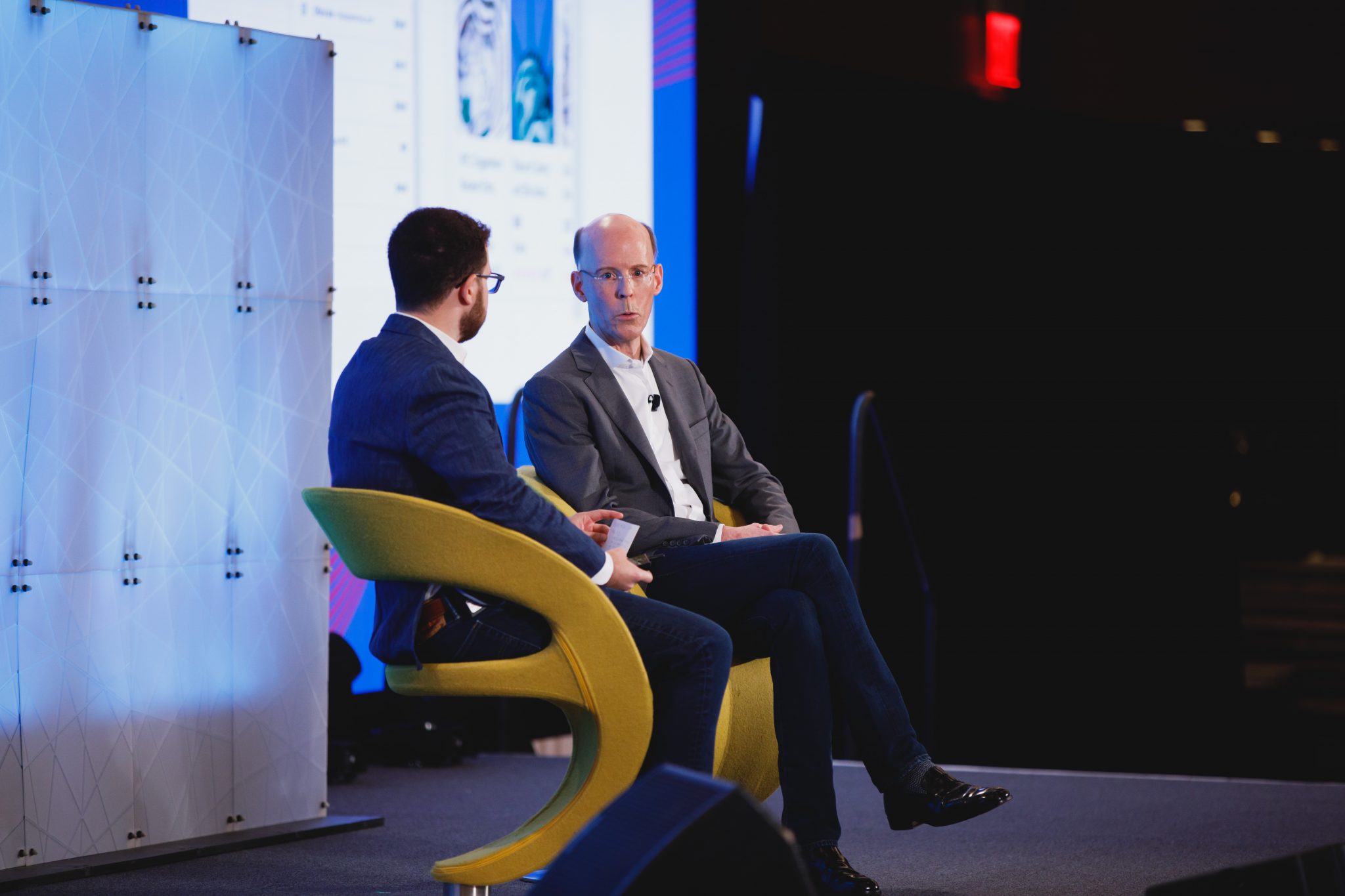 Google VP and GM of Travel Richard Holden (right) in discussion with Skift Sr. Research Analyst Seth Borko at Skift Global Forum, Sept. 22, 2021.