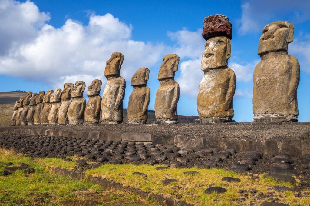 Moais statues, ahu Tongariki, easter island, Chile