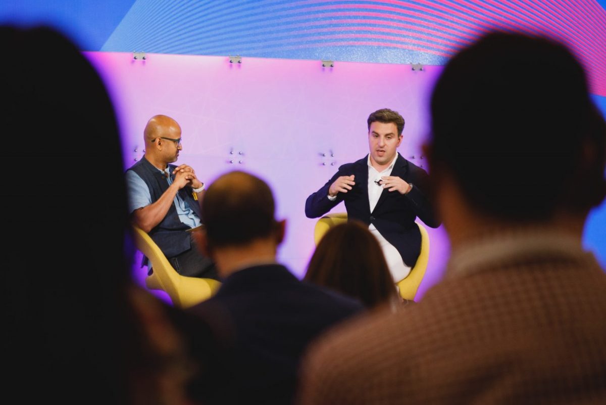 Airbnb CEO Brian Chesky speaking with Skift Founder Rafat Ali at Skift Global Forum in New York City on Sept. 21, 2021.
