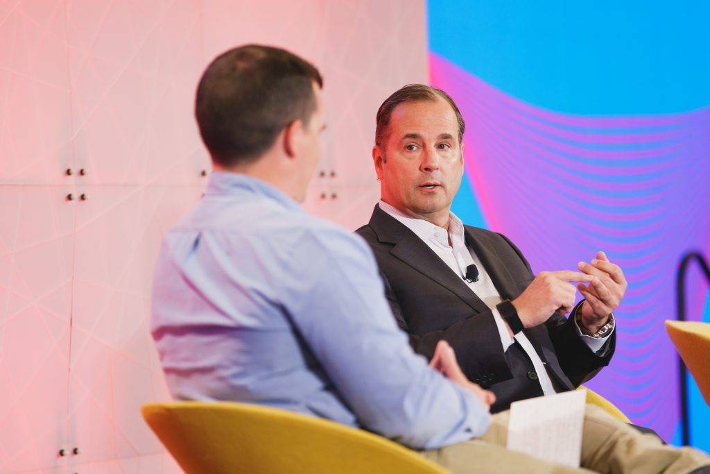 Marriott CEO Anthony Capuano (right) speaking at Skift Global Forum on Wednesday, Sept. 22, 2021, with Skift hospitality reporter Cameron Sperance.