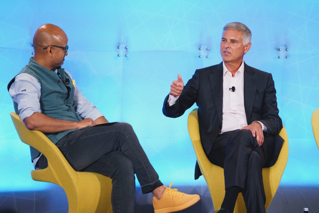 Hilton Hotels CEO Chris Nassetta in discussion with Skift Founder Rafat Ali at Skift Global Forum in New York City on Sept. 22, 2021. 