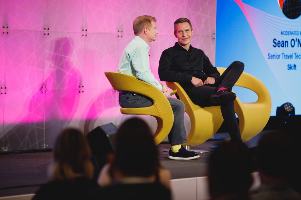 Trivago CEO Axel Hefer (R) speaking with Skift Travel Tech Editor Sean O'Neill at Skift Global Forum in New York City on September 21, 2021. Trivago is now powering a portion of Huawei's metasearch.