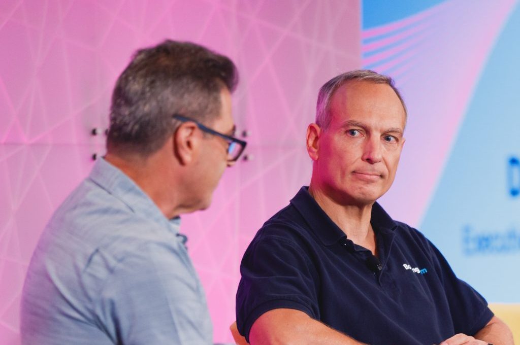 Booking Holdings CEO Glenn Fogel (right) speaking with Skift Executive Editor Dennis Schaal at Skift Global Forum in New York City on September 23, 2021.