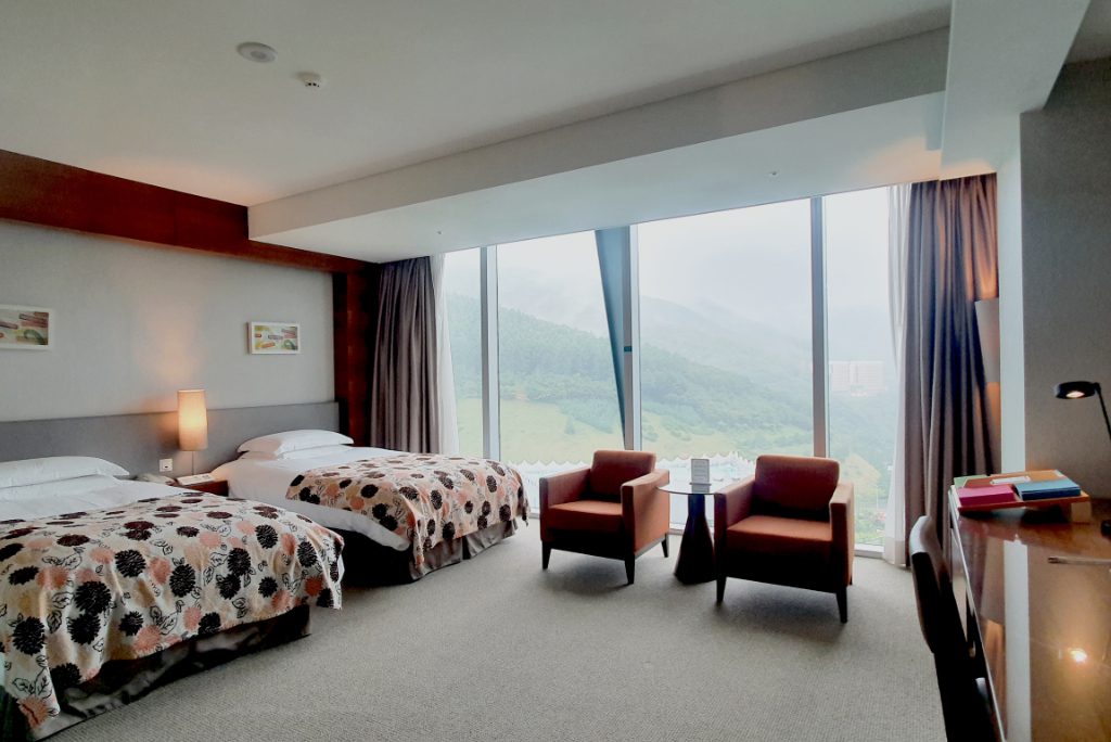 A guest room at a high-end resort in Jeongseon, South Korea, that has adopted H2O Hospitality’s software.