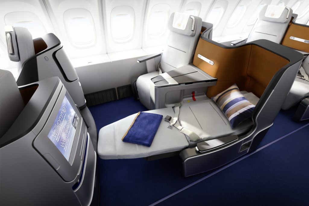 A view of a business class seat in a Lufthansa Boeing 747-8.