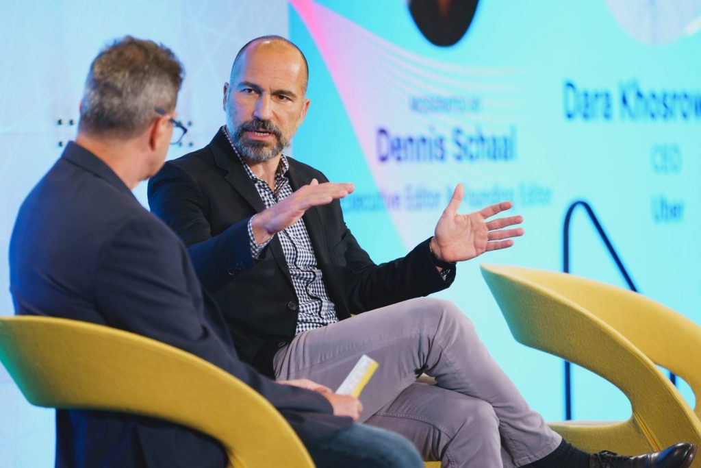 Uber CEO Dara Khosrowshashi (right) in discussion with Skift Executive Editor Dennis Schaal at Skift Global Forum, Sept. 22, 2021. 