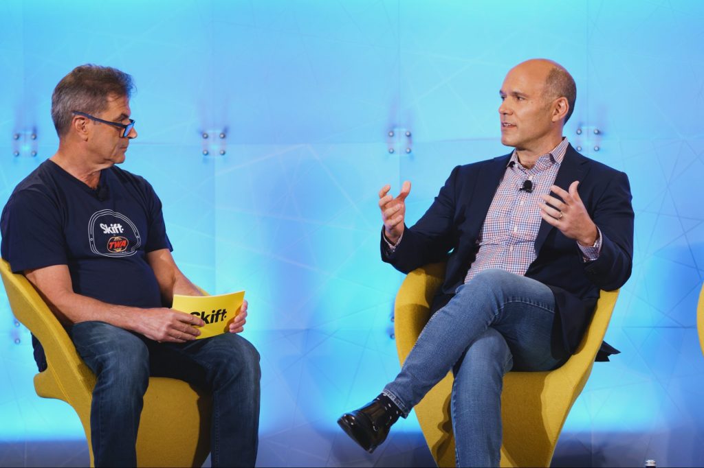 Expedia Group CEO Peter Kern (right) in discussion with Skift Executive Editor Dennis Schaal at Skift Global Forum in New York City on Sept. 22, 2021.