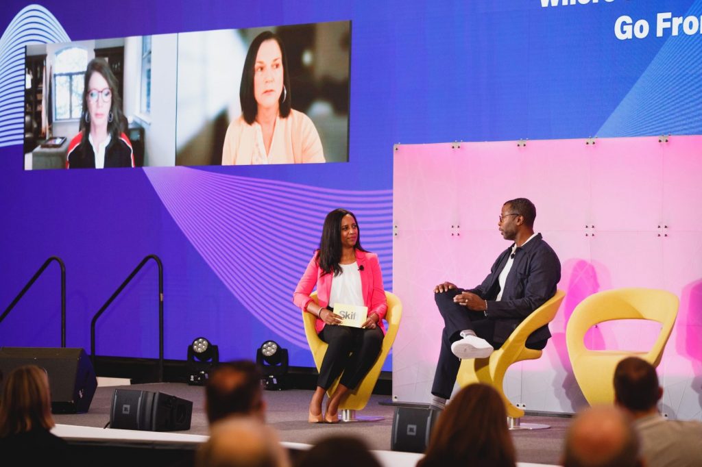 Panel discussion with tourism leaders at Skift Global Forum. Visit California President and CEO Caroline Beteta and Visit Florida President and CEO Dana Young joined remotely while Destination D.C. President and CEO Elliott Ferguson joined Skift Global Tourism Reporter Lebawit Lily Girma on stage at Sept. 23, 2021.