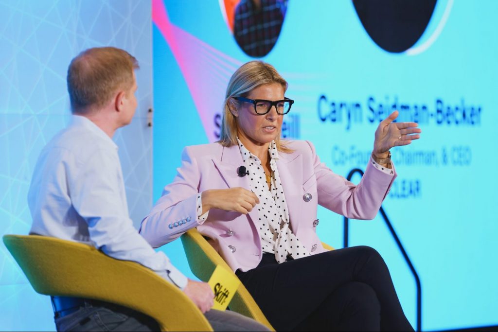 Caryn Seidman Becker, CEO of Clear speaking with Skift Senior Travel Tech Editor Sean O'Neill at Skift Global Forum on Sept. 23, 2021.