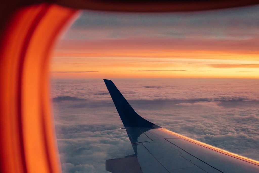 Long-haul flight at sunrise