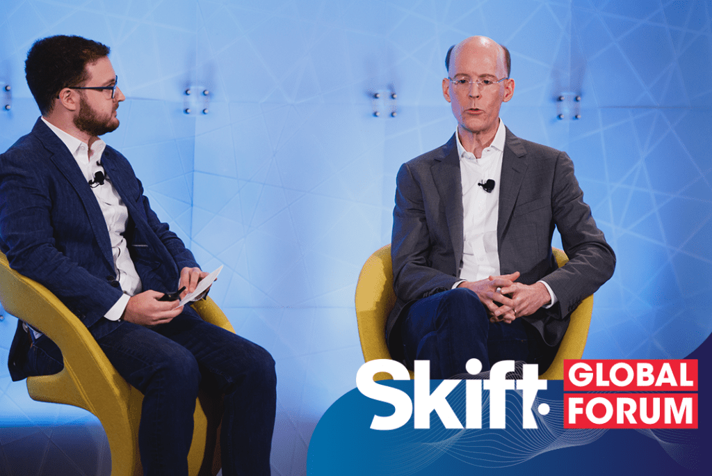 Google's Richard Holden (right) speaks with Skift's Seth Borko at Skift Global Forum in New York in September 2021.