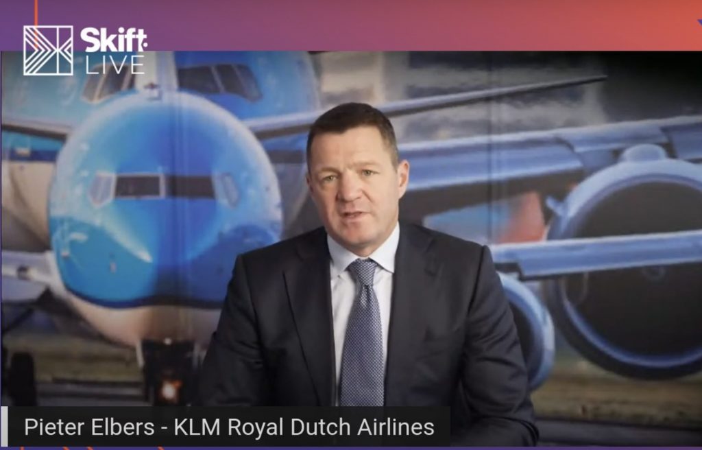 KLM CEO Pieter Elbers speaking at Skift Aviation Forum in November 2021.
