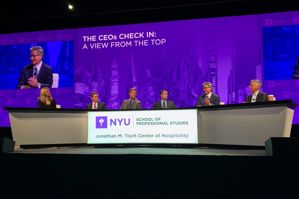The CEOs of IHG Hotels & Resorts, Accor, Marriott International, BWH Hotel Group, and Hilton on stage at the NYU International Hospitality Industry Investment Conference Monday.
