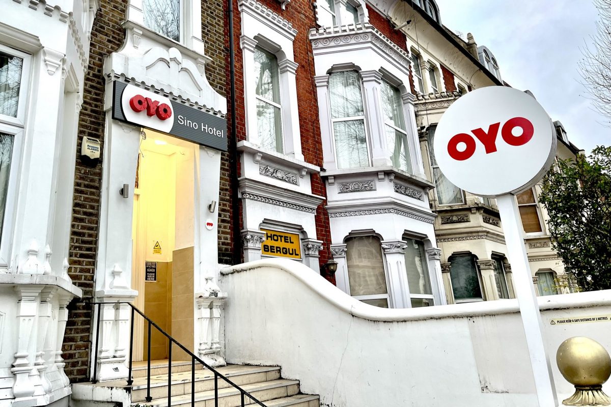 Exterior of the Oyo Sino Hotel in the Shepherds Bush neighborhood of London. 