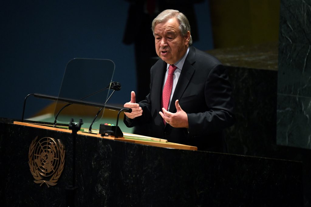 United Nations Secretary General Antonio Guterres speaks during the 76th Session of the General Assembly at UN Headquarters in New York on September 21, 2021. Guterres has called out vaccine inequality as countries impose new covid lockdowns. 