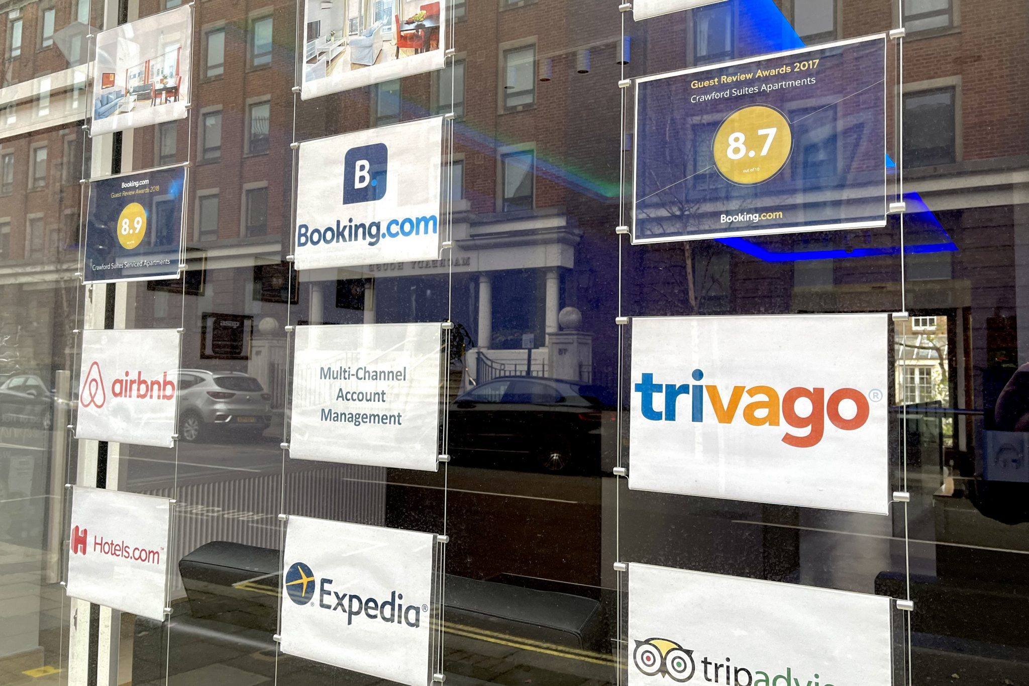 No worries about Google advertising here. A real estate management office in Central London promoting its multi-channel short-term rental listing prowess, including Trivago.
