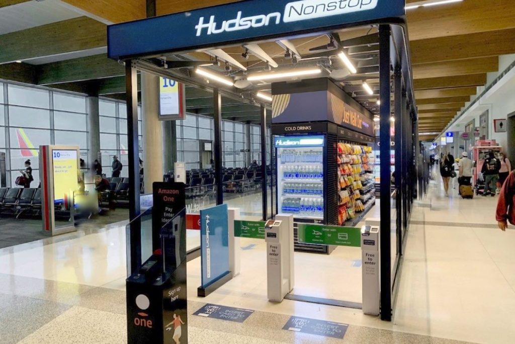 Palm-recognition technology Amazon One is in operation at a Hudson Nonstop retail location in Dallas Love Field Airport. Source: Hudson.