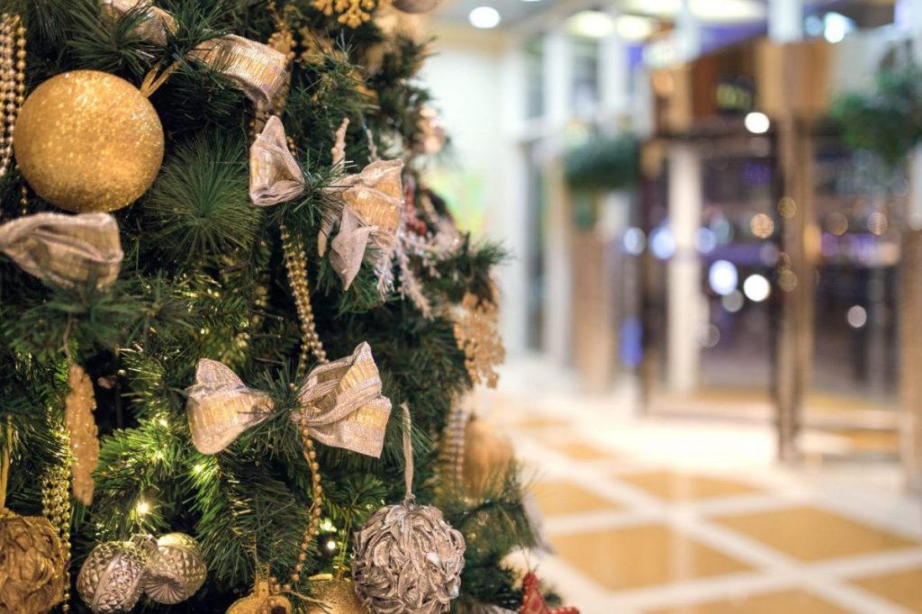 Christmas tree in a hotel lobby