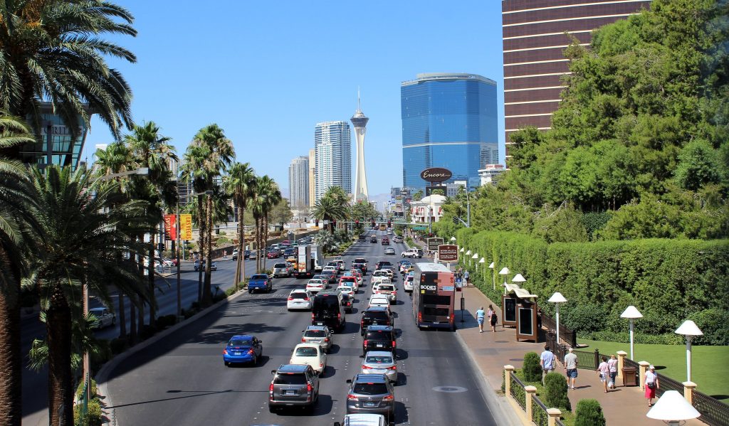 Although not shown here in this Las Vegas street scene, many taxi cabs this week carried Booking.com advertisements geared toward recruiting new short-term rental hosts.