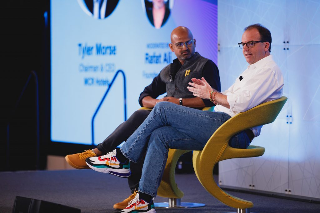 MCR CEO Tyler Morse (right) speaking with Skift founder and CEO Rafat Ali at Skift Global Forum earlier this year