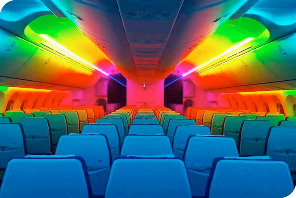 A rainbow of light on a Boeing 787 Dreamliner operated by Scoot, an airline that uses tech from PROS. Source: Scoot Tigerair.