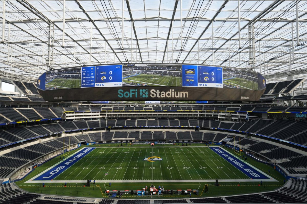 The site of Super Bowl LVI in Los Angeles on February 13, 2022. Pictured is a Dec 21, 2021 file photo in Inglewood, California. A general overall interior view of an empty SoFi Stadium before the game between the Los Angeles Rams and the Seattle Seahawks. 